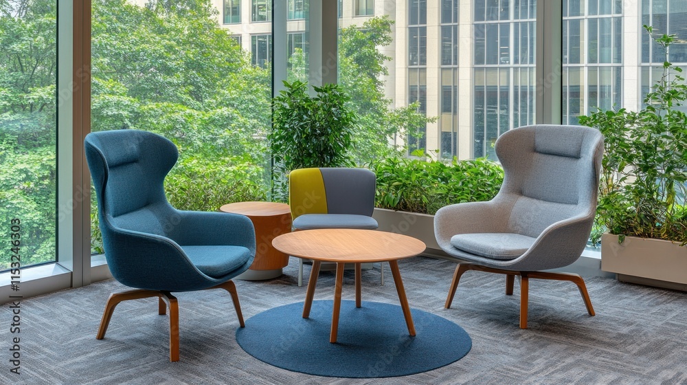 Modern office lounge with comfortable chairs and a small table, near large windows. Modern office lounge with comfortable chairs and a small table, near large windows.