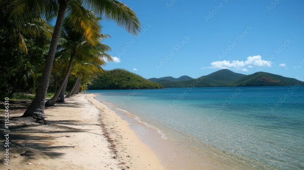 Tropical Beach Scene With Palm Trees And Clear Ocean Tropical Beach Scene With Palm Trees And Clear Ocean