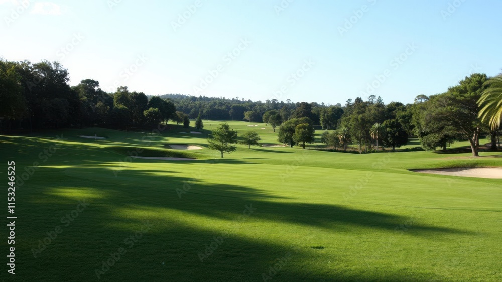Lush Green Golf Course Landscape on a Sunny Day with Rolling Hills and Tree-Lined Fairways in a Serene Outdoor Setting Lush Green Golf Course Landscape on a Sunny Day with Rolling Hills and Tree-Lined Fairways in a Serene Outdoor Setting