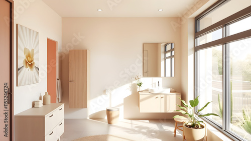 modern bathroom, tall wall-mounted cabinet, diverse light furniture, single large frameless mirror above sink, floor-to-ceiling window, warm reflections, abundant natural daylight, Generative AI photo