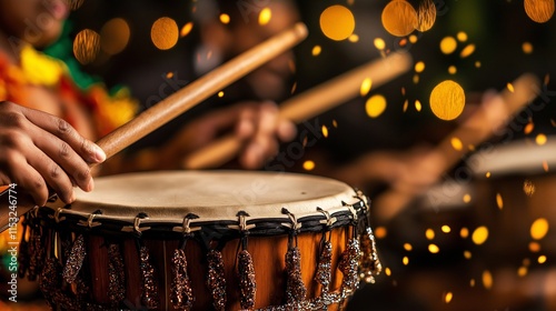 A close-up of hands playing a traditional drum during a vibrant carnival celebration, with sparkling details on the instrument and a festive, glowing background