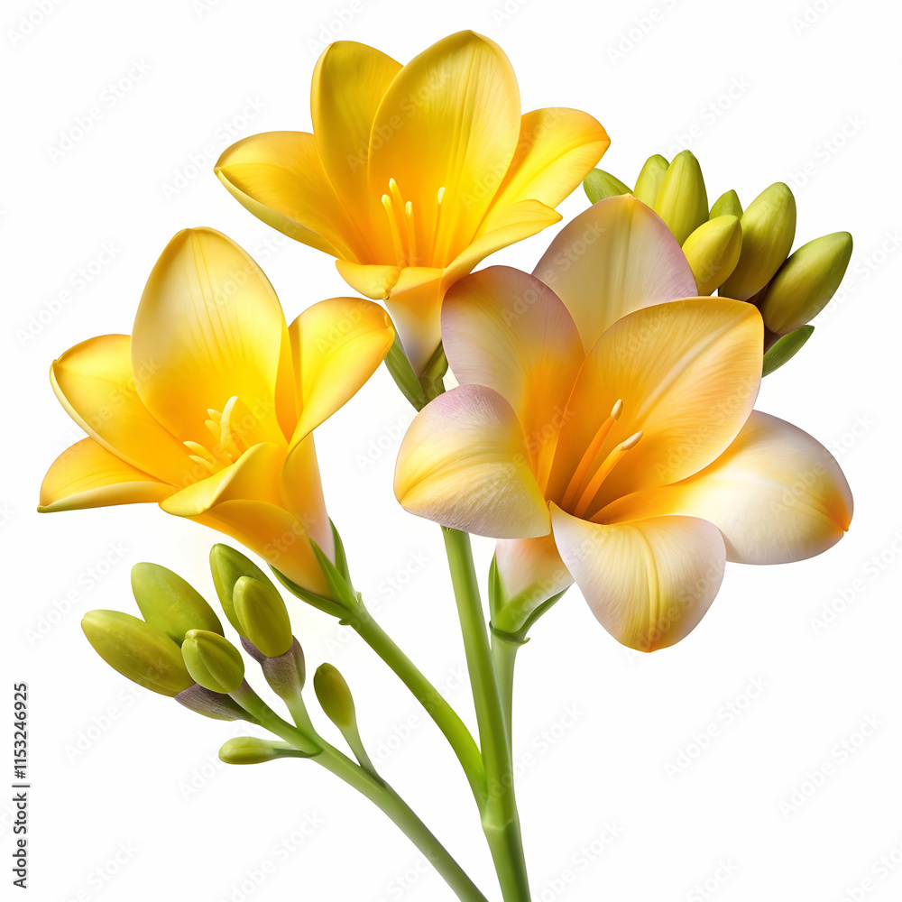 Fototapeta premium A freesia flower isolated on a transparent background, showcasing its elegant petals in vibrant shades of yellow, pink, or purple.