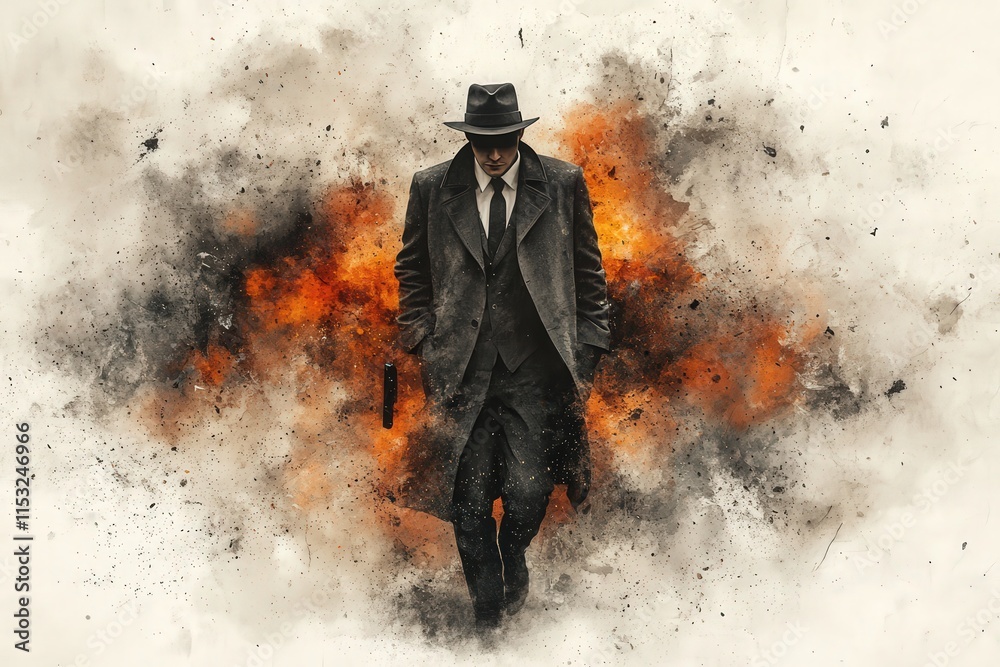 Obraz premium A mysterious male figure in formal attire walks through an explosive, dramatic scene, exuding confidence and intensity.
