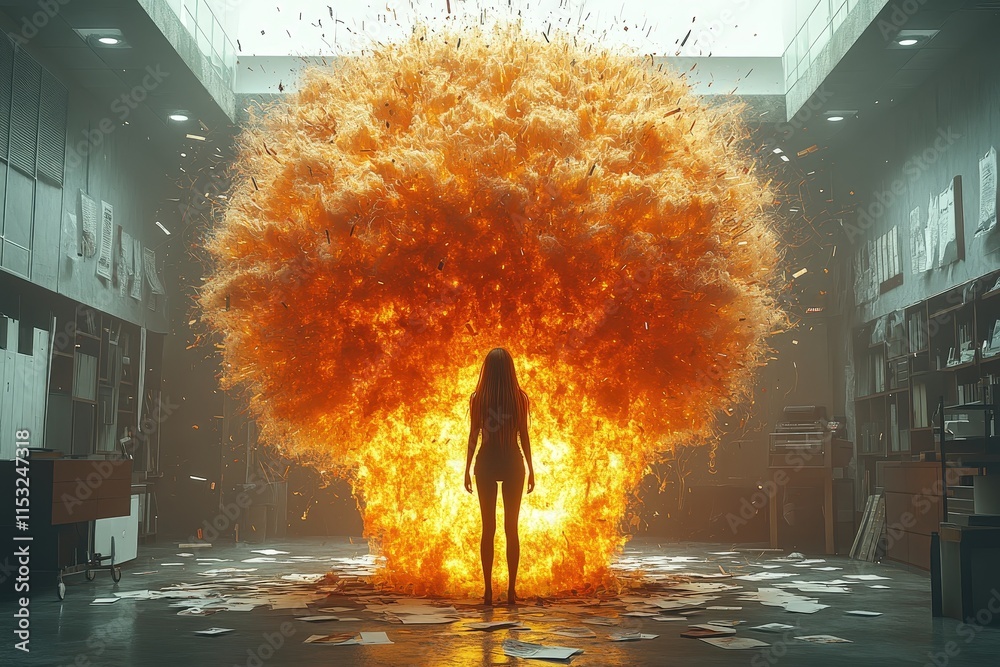 © EliteStock - A silhouetted figure stands amidst a massive explosion, showcasing a dynamic contrast between destruction and calm.