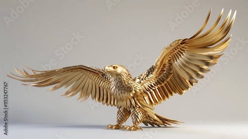 A finely detailed 3D gold eagle flagpole topper with polished feathers, showcased on a minimalist white surface