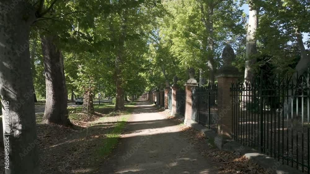 frontal flight with a drone visualizing an extensive exterior corridor with a dirt path, a line of trees and a large fence composed of pilasters and iron fences of the Jardin del Principe in Aranjuez frontal flight with a drone visualizing an extensive exterior corridor with a dirt path, a line of trees and a large fence composed of pilasters and iron fences of the Jardin del Principe in Aranjuez