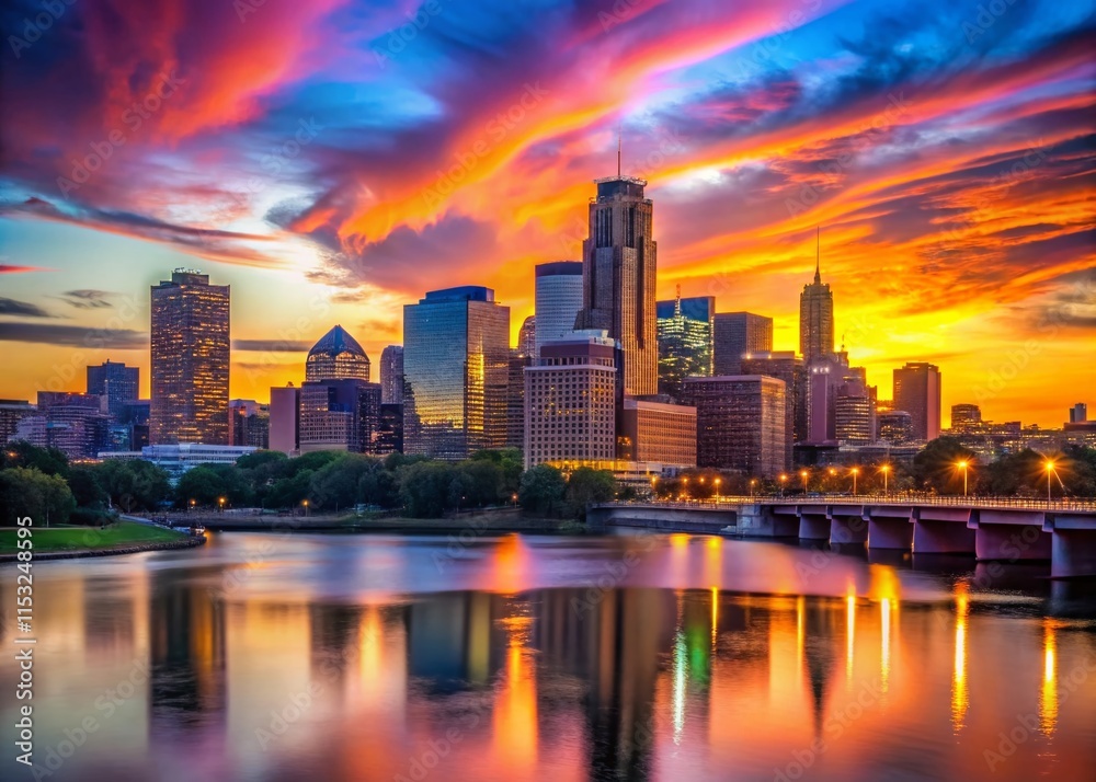 Fototapeta premium Minneapolis Downtown Skyline Silhouette at Sunset - Minnesota Cityscape