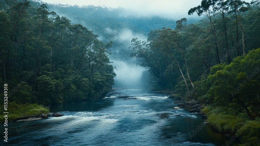 Misty River Valley Scenic Forest Landscape Misty River Valley Scenic Forest Landscape
