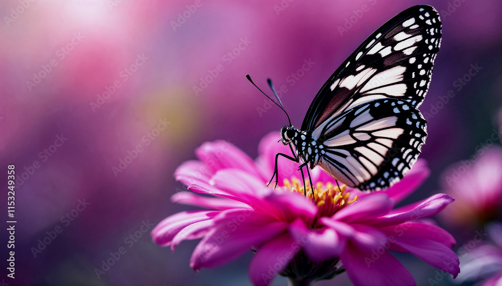 A close-up of a black and white butterfly perched on a pink flower against a blurred purple background with white highlights