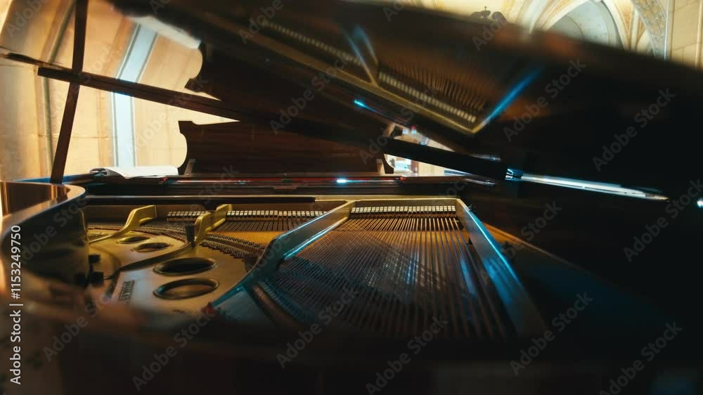 The intricate mechanics inside a piano come to life as a pianist's hands dance across the keys, producing harmonious melodies.