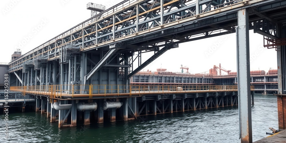 Industrial Dock Area Featuring Large Steel Structure Over Water with Pipelines and Industrial Equipment Nearby Captured in Daylight