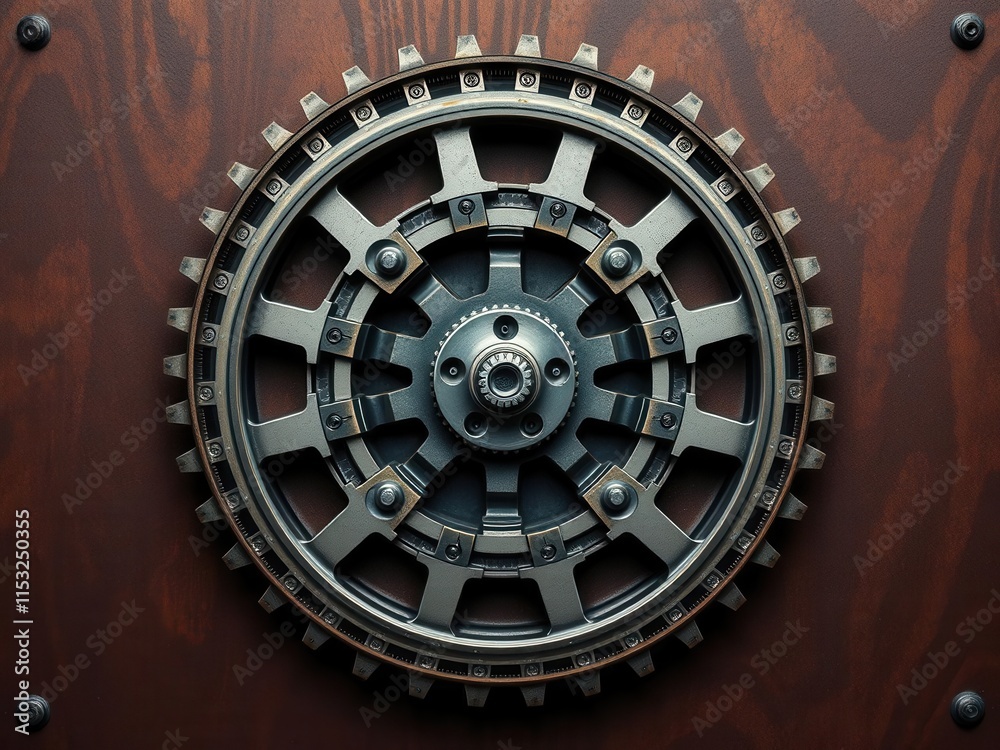 Obraz premium Intricate Metal Gear Wheel with Exquisite Design and Detail Showcasing the Beauty of Mechanical Engineering Against a Wooden Background