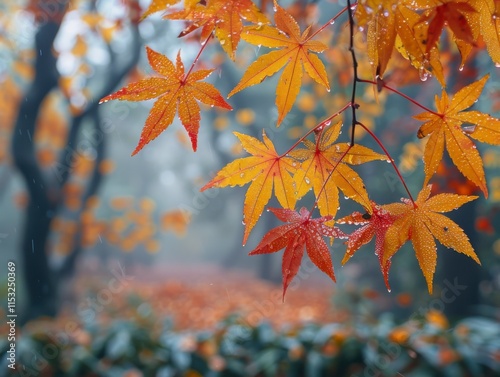 Vibrant Autumn Leaves with Dew in a Misty Forest Setting