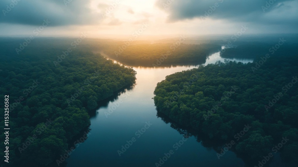 Fototapeta premium Sunrise Over Lush Green Forest River Landscape