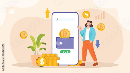 An illustration of a digital Bitcoin transaction on a mobile interface, featuring a smartphone screen displaying a Bitcoin wallet with a transaction in progress. 