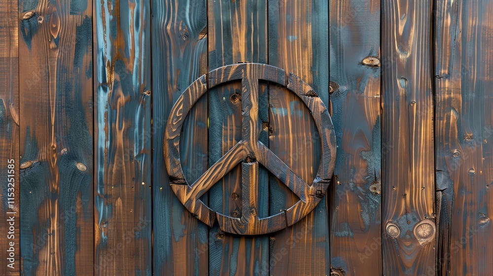 A peace sign made of wood is attached to a blue and brown wooden wall. A peace sign made of wood is attached to a blue and brown wooden wall.