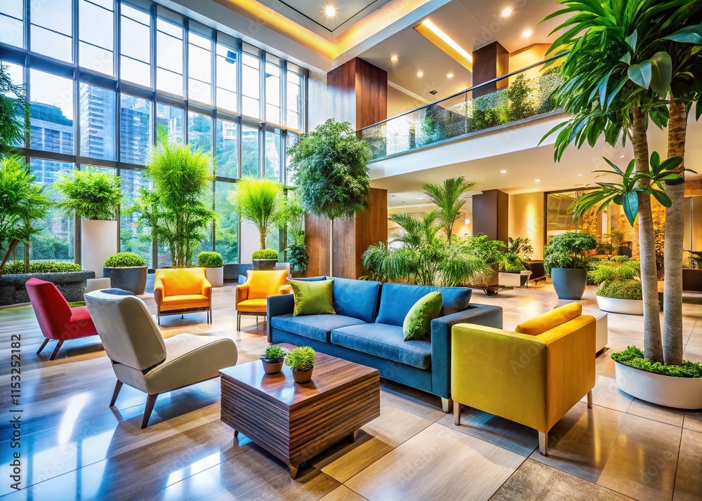 Fototapeta premium Modern Hotel Lobby Interior Design with Comfortable Seating and Copy Space