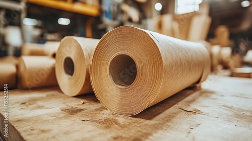 Large rolls of kraft paper in a warehouse.
