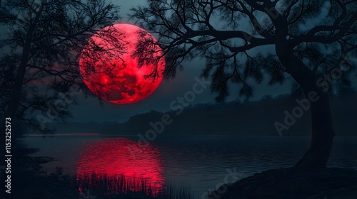 Crimson Moon Rising Over Silhouetted Trees And Water photo