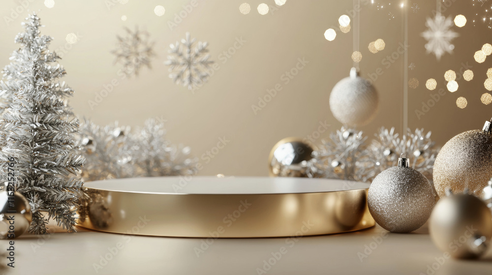 3D Christmas podium display with ornaments and evergreen branches golden silver and green poster background, new year and xmas advertising showcasing 3D Christmas podium display with ornaments and evergreen branches golden silver and green poster background, new year and xmas advertising showcasing