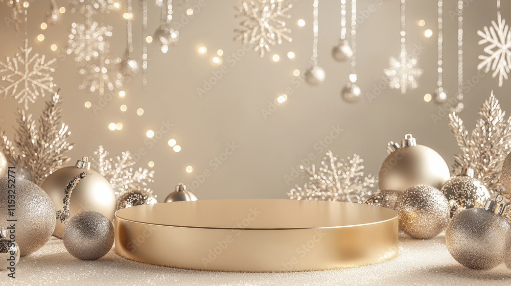 3D Christmas podium display with ornaments and evergreen branches golden silver and green poster background, new year and xmas advertising showcasing 3D Christmas podium display with ornaments and evergreen branches golden silver and green poster background, new year and xmas advertising showcasing