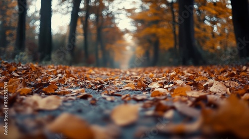 Autumn Leaves Covering Forest Path In Fall