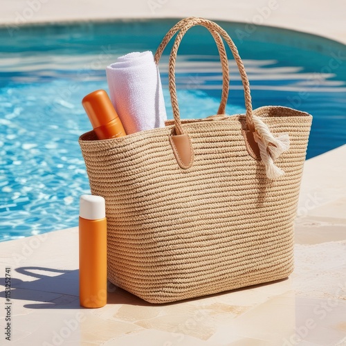 Swimming pool essentials concept. Beach bag with items for safe sunbathing near swimming pool, white blanket and sunscreen product