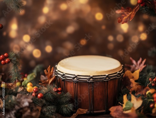 Close-up of a traditional Brazilian drum surrounded by festive autumn decorations, including colorful berries and leaves, with a warm bokeh background evoking a celebratory atmosphere