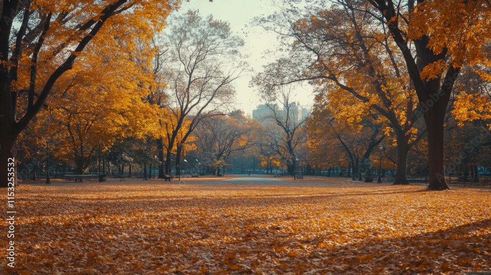 Fototapeta premium Autumnal Park Pathway Golden Leaves Cityscape