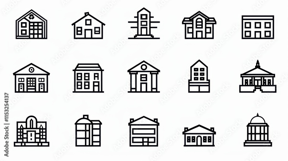 House and Building Icon Set on White Background House and Building Icon Set on White Background