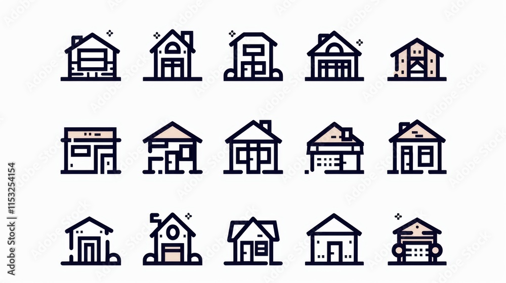 House and Building Icon Set on White Background House and Building Icon Set on White Background