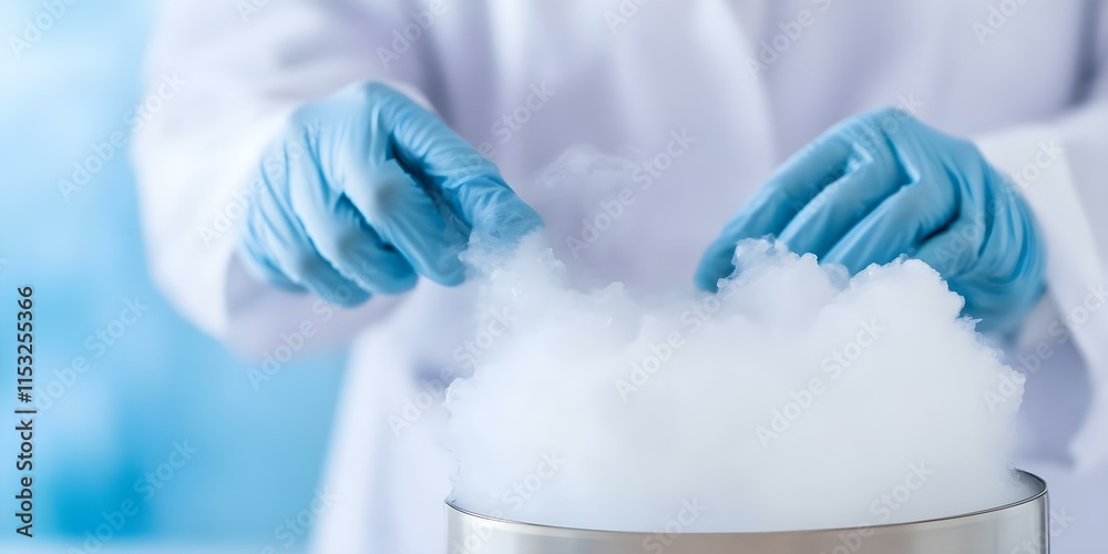 A person in gloves is handling dry ice or liquid nitrogen, creating a cloud of vapor or fog in a laboratory setting. Concept Dry Ice Experience, Liquid Nitrogen Usage, Vapor Effects in Labs A person in gloves is handling dry ice or liquid nitrogen, creating a cloud of vapor or fog in a laboratory setting. Concept Dry Ice Experience, Liquid Nitrogen Usage, Vapor Effects in Labs