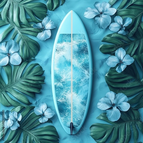 A beautiful turquoise surfboard resting on a vibrant backdrop of tropical leaves and blue flowers, embodying a serene beach vibe.
