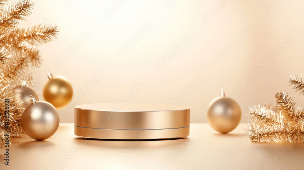 3D Christmas podium display with ornaments and evergreen branches golden silver and green poster background, new year and xmas advertising showcasing 3D Christmas podium display with ornaments and evergreen branches golden silver and green poster background, new year and xmas advertising showcasing