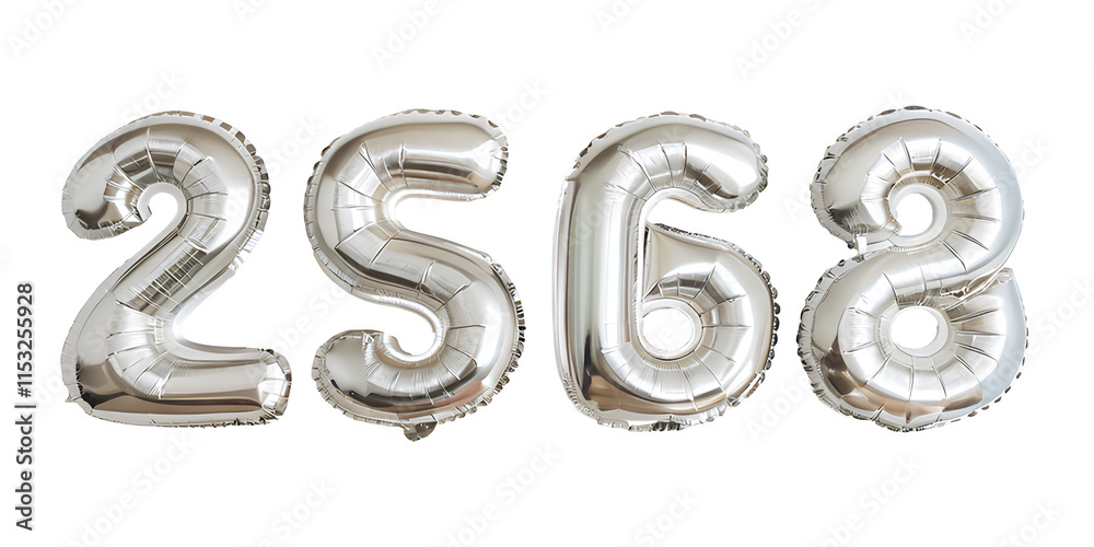 2568 in Silver foil balloons, isolated on white background. Happy new year concept, Thai New year 2568 in Silver foil balloons, isolated on white background. Happy new year concept, Thai New year