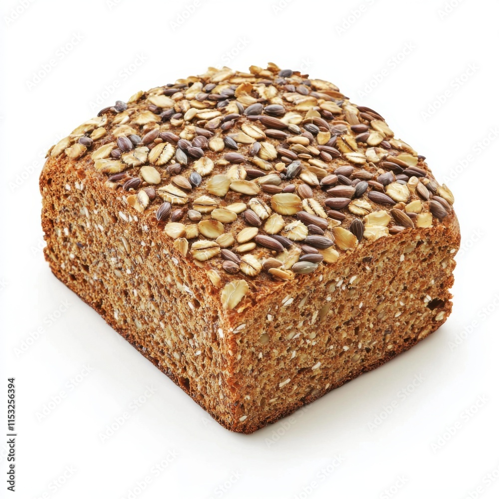 Freshly baked whole grain bread with seeds on top served on a plain background Freshly baked whole grain bread with seeds on top served on a plain background