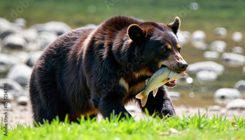Majestic bear catching a fish amidst the serene riverbank landscape during a sunny day
