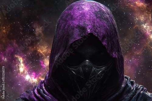 Mysterious figure cloaked in purple, shrouded in a cosmic backdrop, exuding an aura of mystery and intrigue. photo