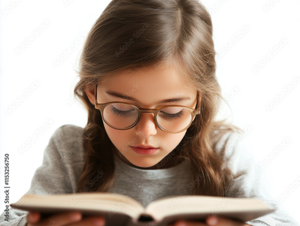 A focused young female student with glasses engrossed in a book, beautifully captured in a studio setting against a clean white backdrop. A focused young female student with glasses engrossed in a book, beautifully captured in a studio setting against a clean white backdrop.