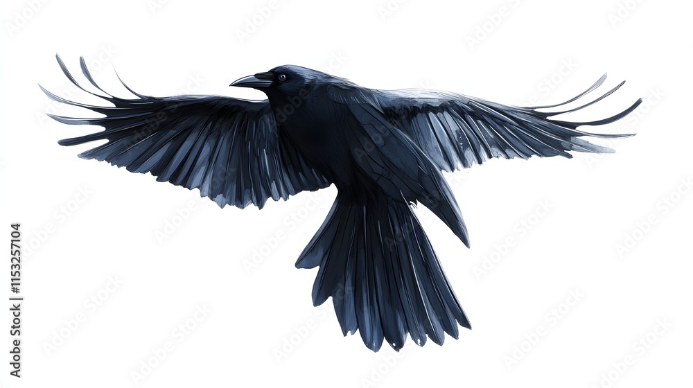 Fototapeta premium A Black Crow in Flight Wings Spread Wide