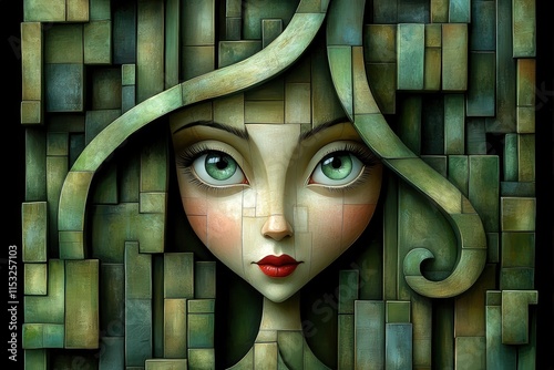 A stunning ethereal female figure with striking green eyes and flowing hair, set against a textured backdrop of earthy tones.