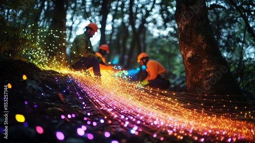 Bauarbeiter mit Glasfaser, Fiber, buntes Licht - Digitalisierung, AI