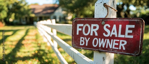 A rustic 'For Sale by Owner' sign in front of a charming home. photo