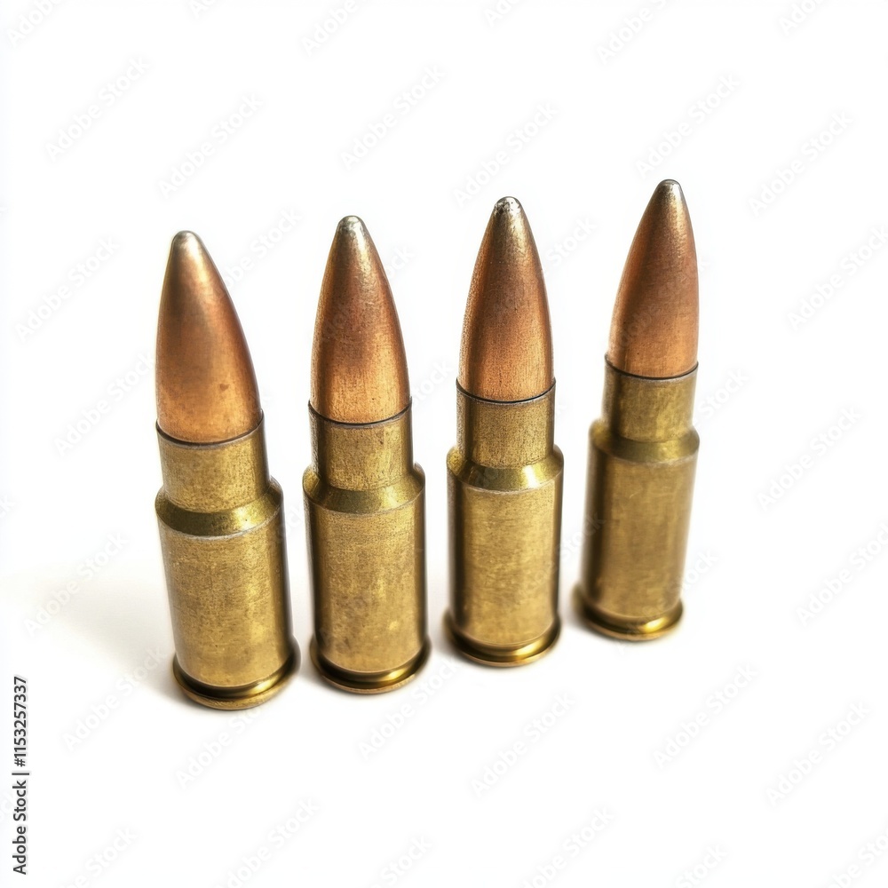 Close-up view of four assorted bullets arranged in a line, showcasing their design and construction details Close-up view of four assorted bullets arranged in a line, showcasing their design and construction details