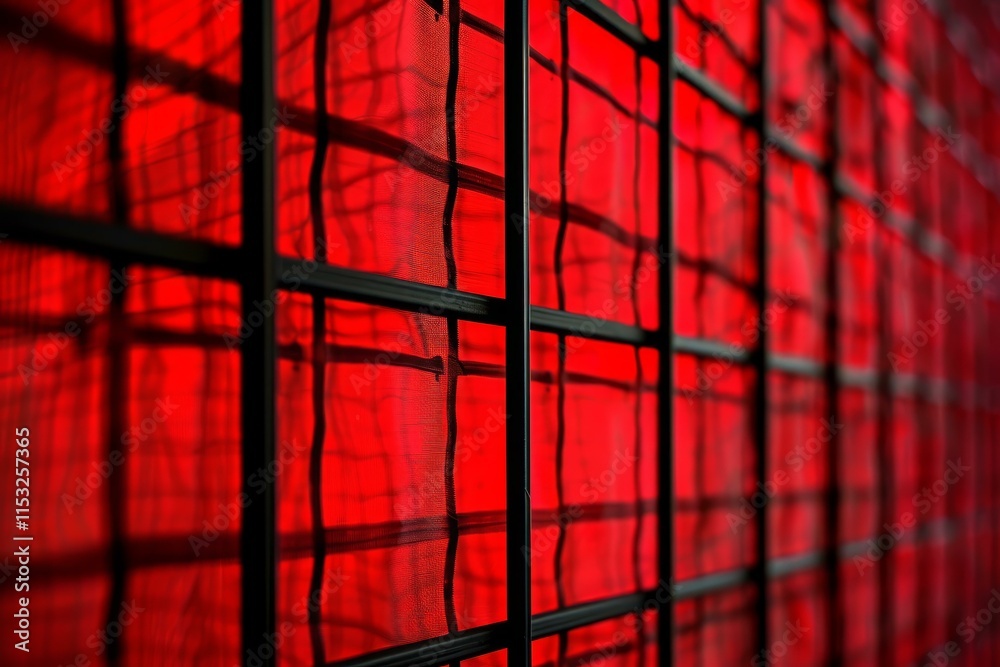 Red fabric draped behind a black metal grid creates an abstract, textured pattern