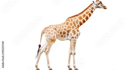 A single giraffe stands against a white background photo