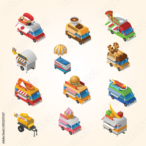 street food trucks isometric icons set