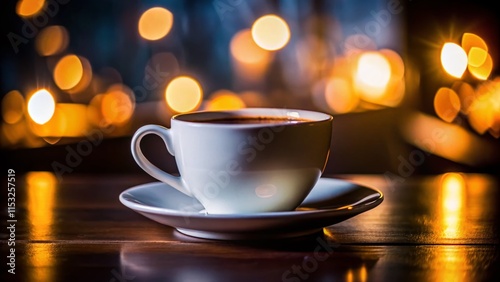 Wallpaper Mural Moody Low-Light Coffee Cup on White Plate - Warm Drink Stock Photo Torontodigital.ca