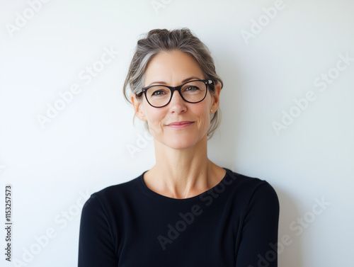 Confident and Charming: A Relaxed, Mature Woman in Glasses Exudes Sophistication and Approachability Against a Simple White Wall photo