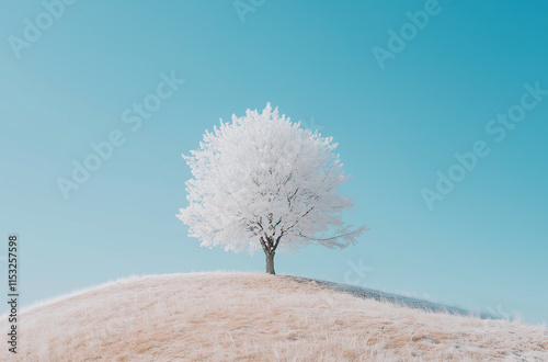 isolated big oak tree with hoar frost in morning light on a snowy meadow